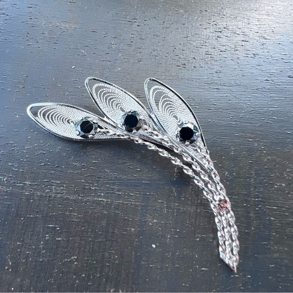 Handmade Elegant Japanese 925 Silver Leaf Black Onyx Brooch Pin. - Picture 5 of 5